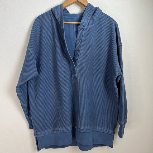 Aerie Oversized Textured Henley Hoodie Blue Pullover - Picture 15 of 15